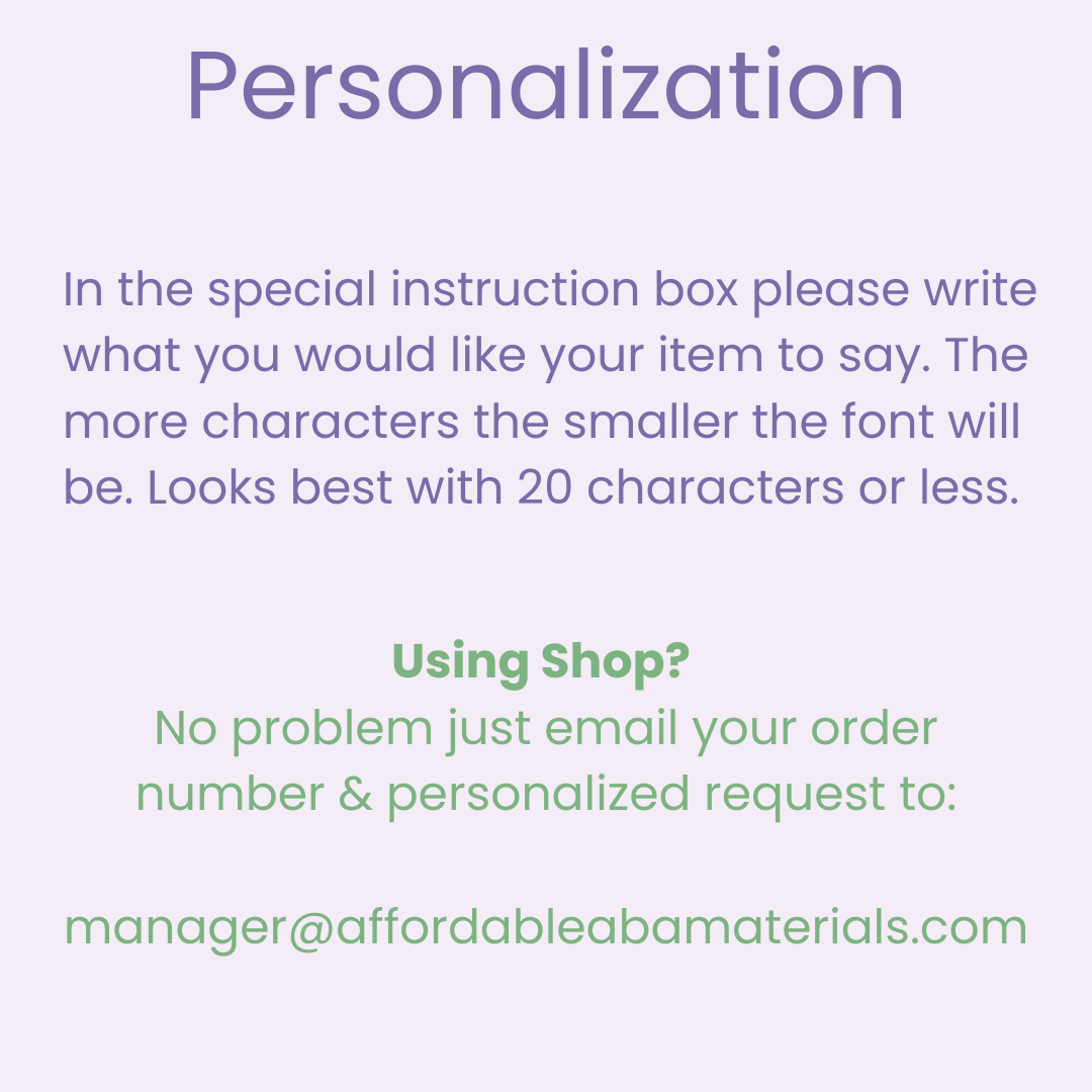 Personalization instructions graphic explaining how to enter a custom name or text for a personalized item, with guidance on character limits and font sizing.