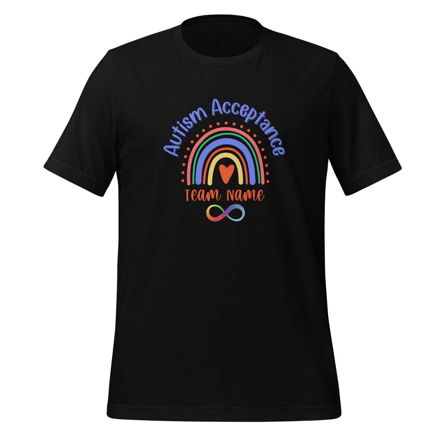 Autism Acceptance Team Shirt with Space for Custom Name - Rainbow Infinity Design Unisex Adult T-Shirt Affordable ABA Materials