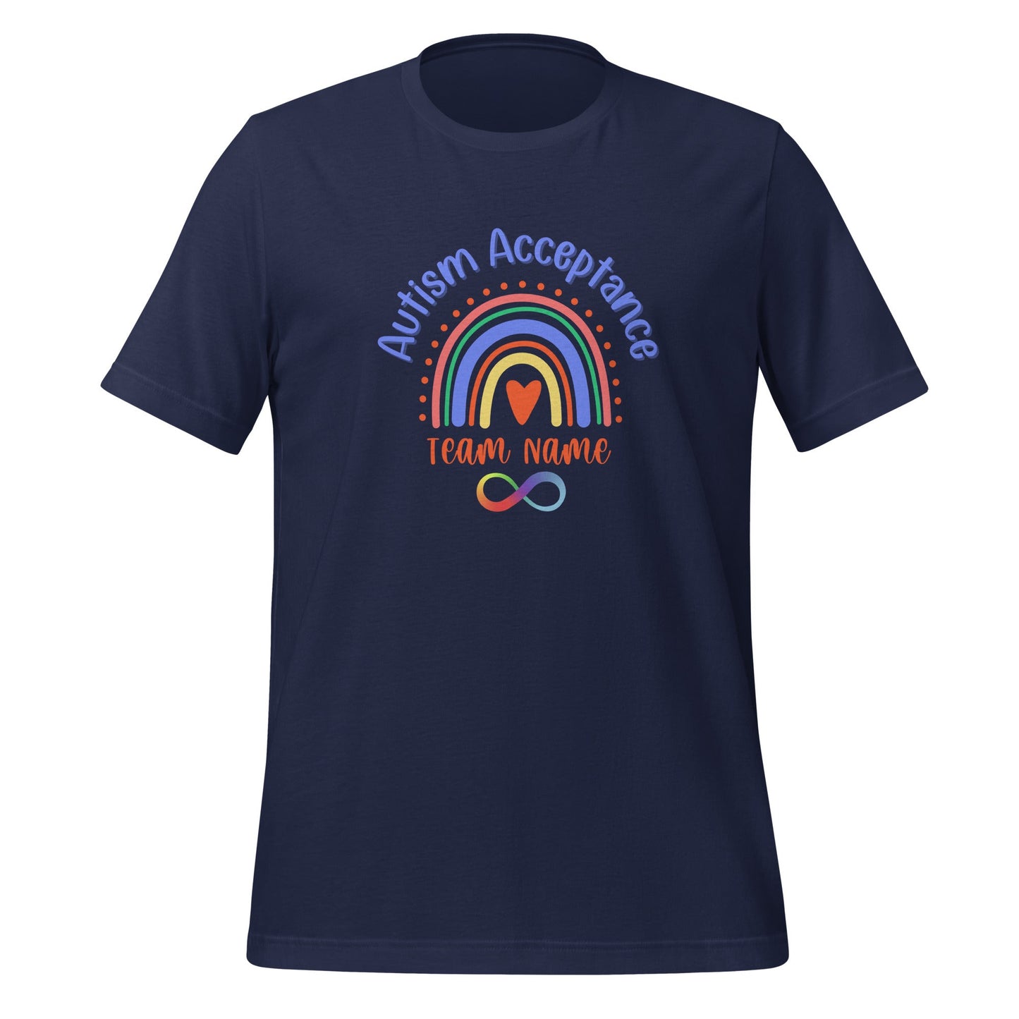 Autism Acceptance Team Shirt with Space for Custom Name - Rainbow Infinity Design Unisex Adult T-Shirt Affordable ABA Materials