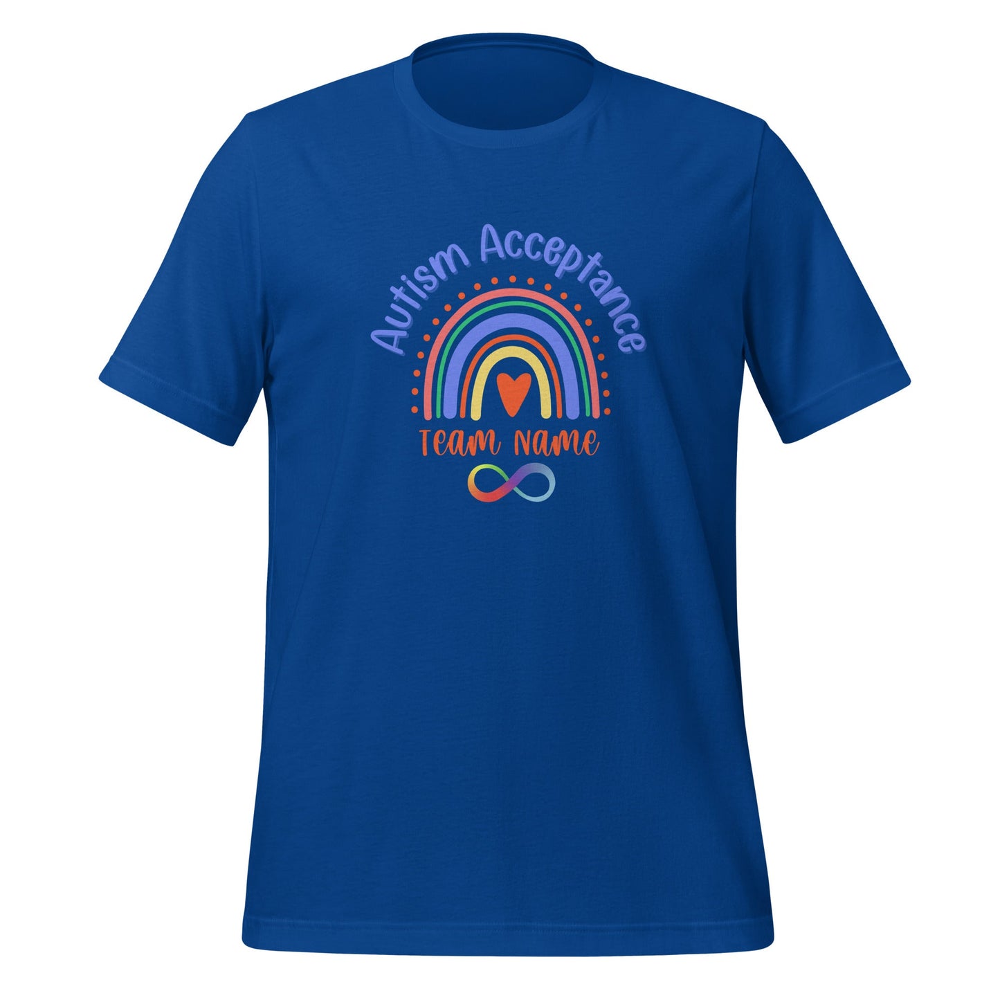 Autism Acceptance Team Shirt with Space for Custom Name - Rainbow Infinity Design Unisex Adult T-Shirt Affordable ABA Materials