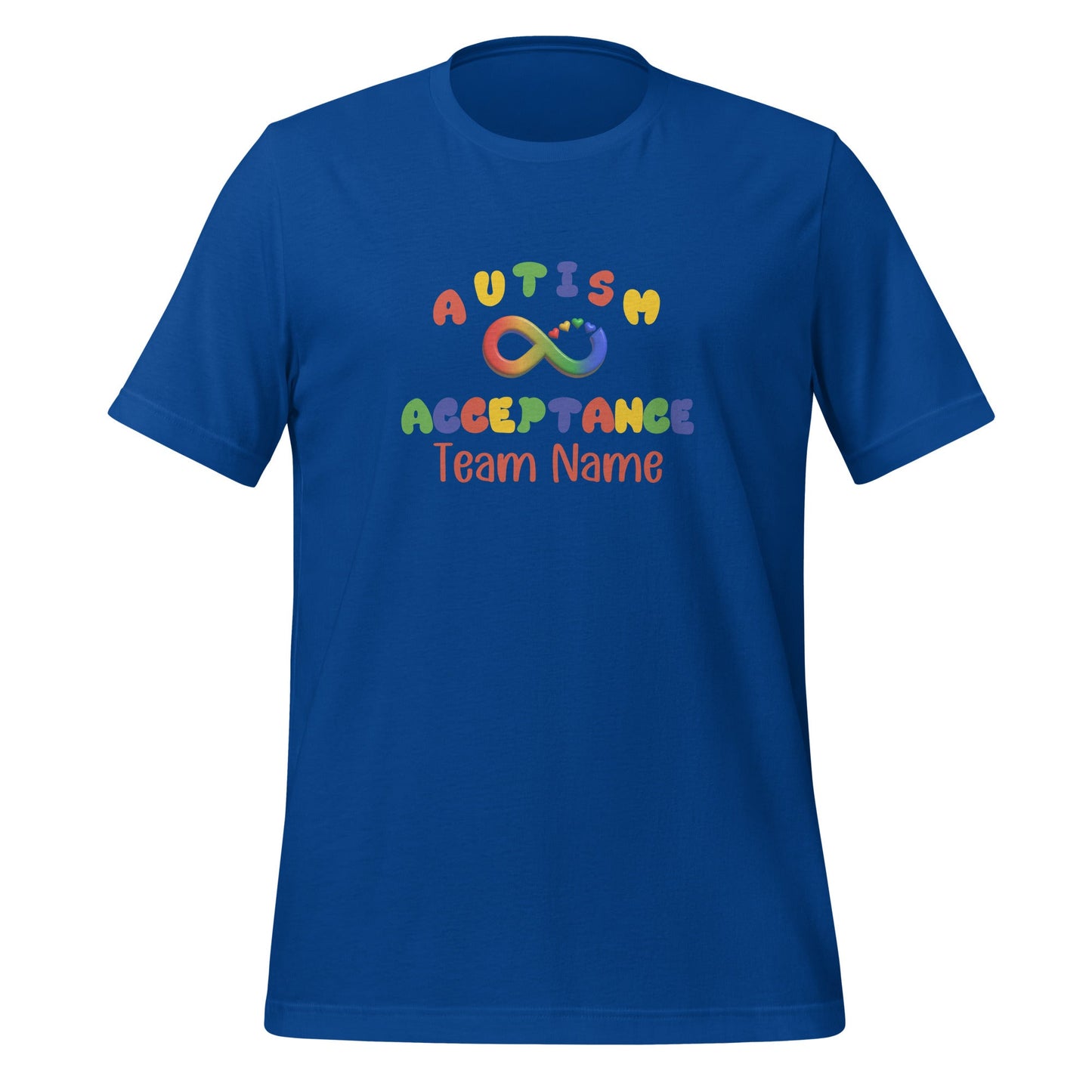 Personalized Autism Acceptance Team Top - Rainbow Infinity Design - Custom Team Name Unisex Adult t-shirt Affordable ABA Materials