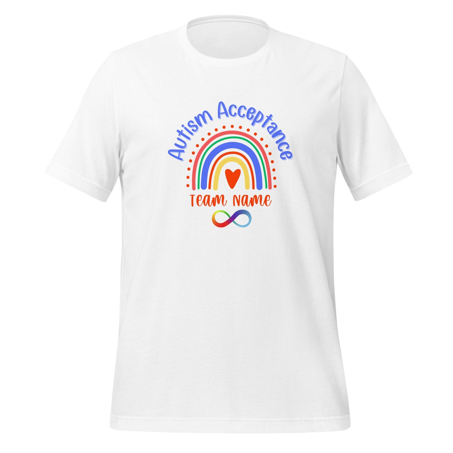 Autism Acceptance Team Shirt with Space for Custom Name - Rainbow Infinity Design Unisex Adult T-Shirt Affordable ABA Materials