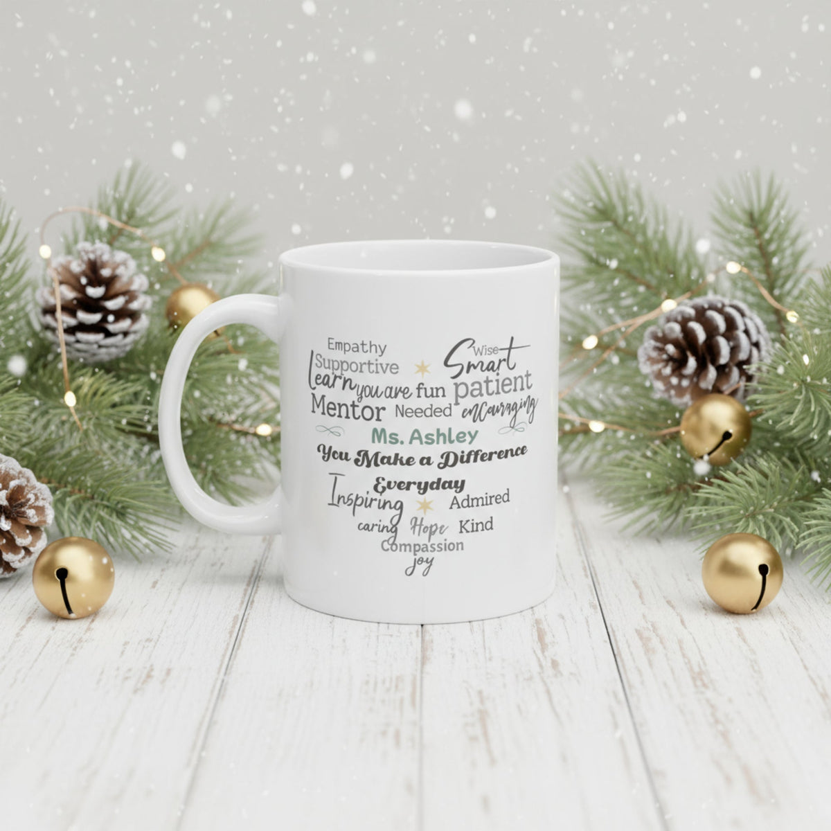 White ceramic mug with a heart word cloud design made of encouraging words and a customizable name centered inside the heart. Personalized name is printed on the front of the mug. Displayed in a festive winter setting with pine greenery, bells, and falling snow accents. Offered in 11oz and 15oz sizes.