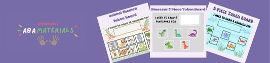 Banner showcasing three token boards: Jungle Animals, Dinosaurs, and Ocean Animals, designed to track behaviors and rewards in a token economy system