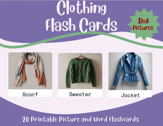 Clothing Flashcards-20 Printable Picture and Word Flash Card Set Affordable ABA Materials