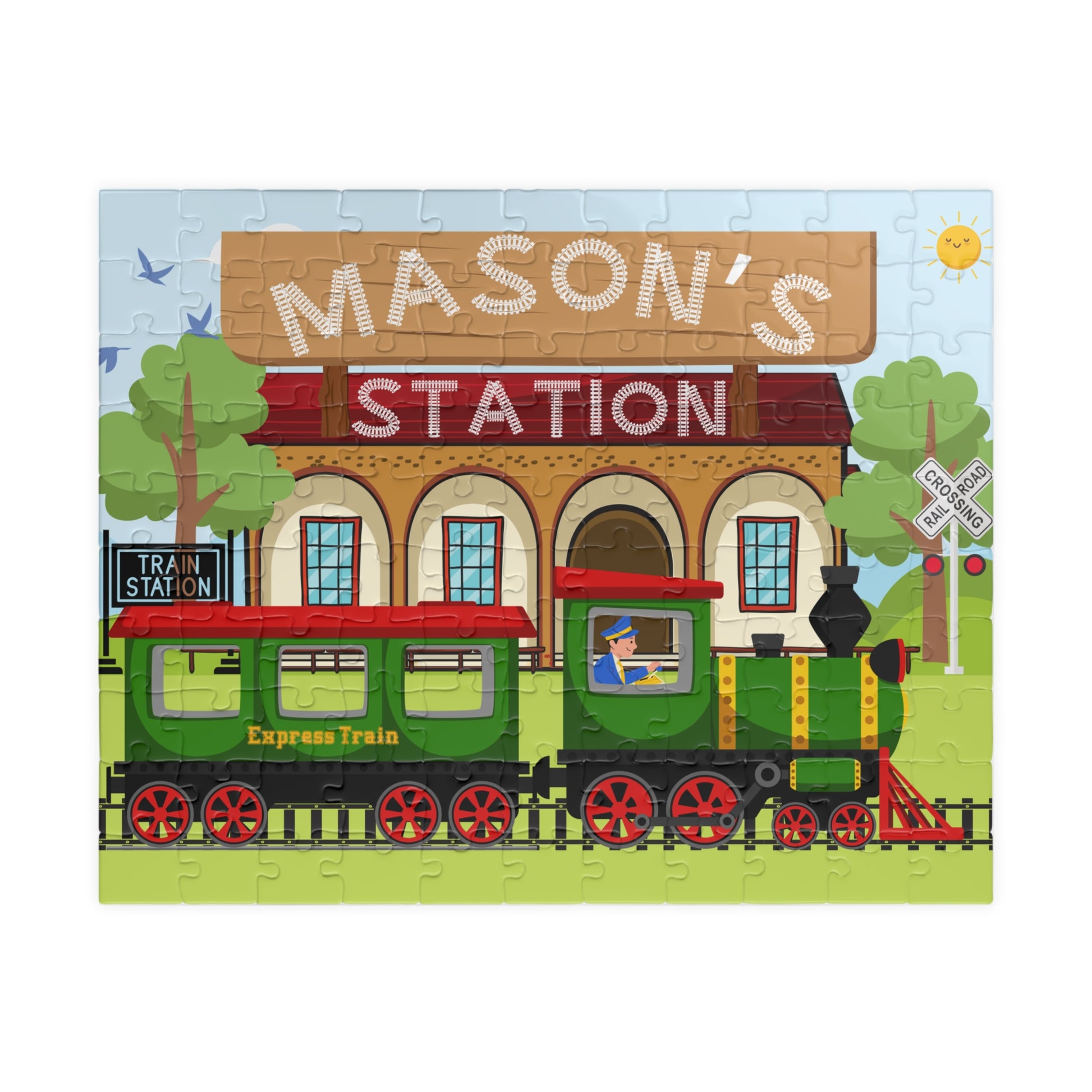 Personalized 110 piece train puzzle featuring a colorful train station scene with a customizable name displayed on the station sign