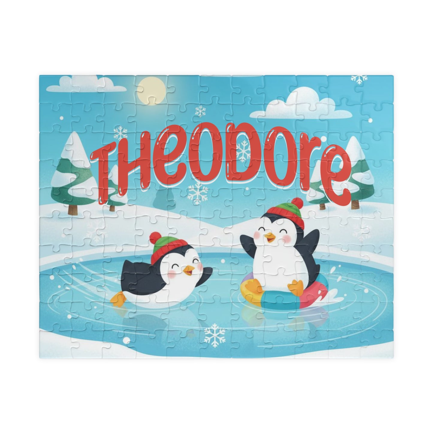 Personalized 110-piece Christmas puzzle featuring a custom name with two adorable penguins playing on a snowy winter pond.