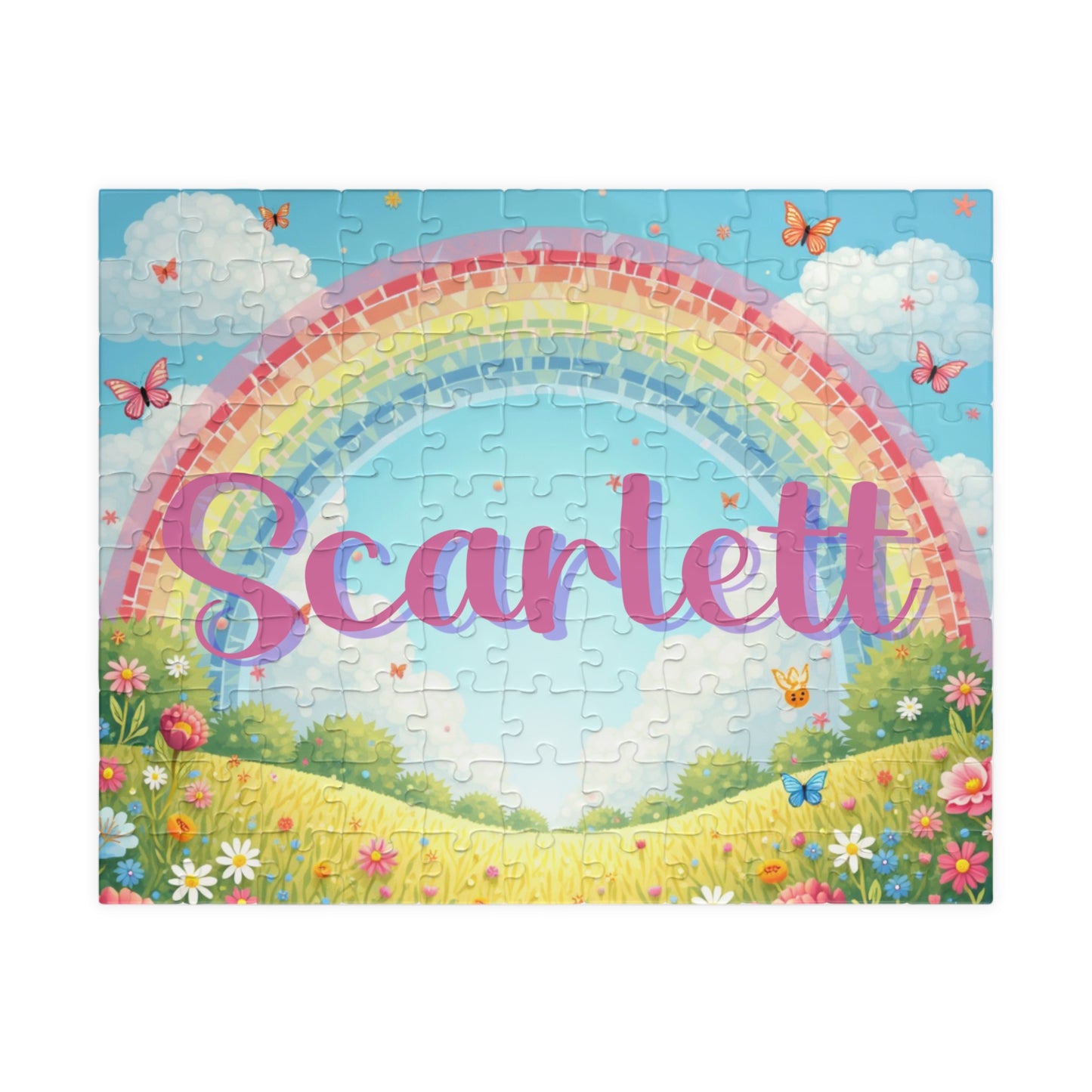 Personalized 110-piece spring puzzle featuring a rainbow and butterflies with a customizable child’s name displayed across the center of the design.