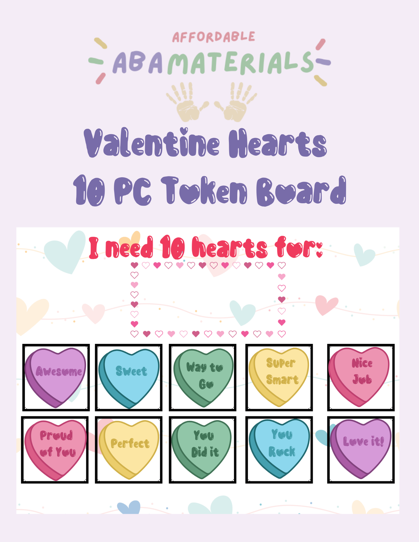 Printable 10 Piece Valentines Day Token Board- Motivational Heart Design with Cute Heart Background Perfect for Valentine Season