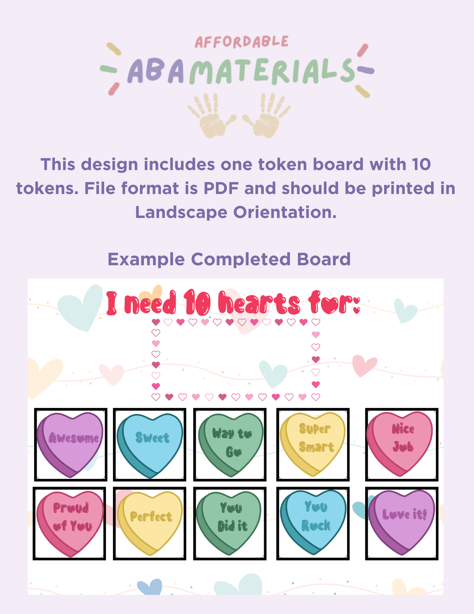 Valentine Hearts Printable Token Board (10-Token) Affordable ABA Materials