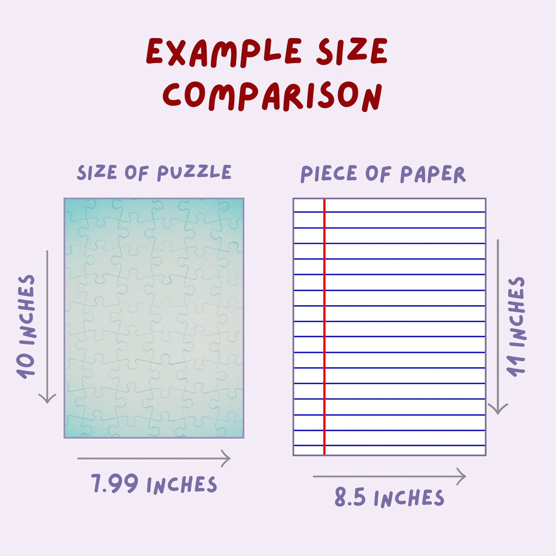 Example size comparison showing a completed 110-piece jigsaw puzzle measuring approximately 10 by 7.99 inches, displayed next to a standard sheet of paper for scale.