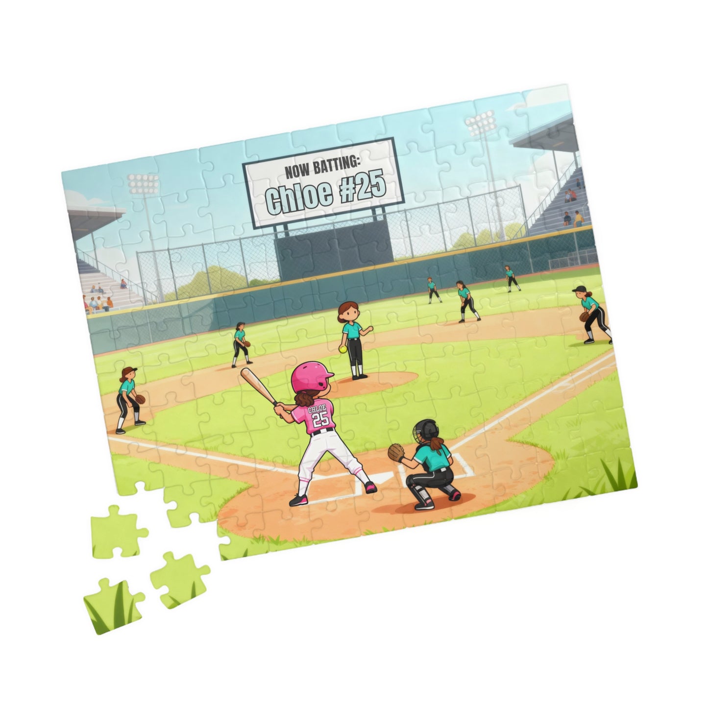 110-piece personalized softball puzzle showing a game scene with a batter at home plate, fielders in position, stadium background, and a customizable name and number displayed on the jersey and scoreboard.