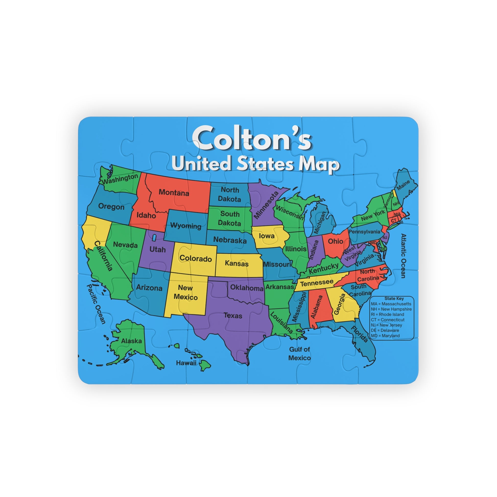 Personalized 30-piece United States map puzzle featuring a child's custom name above a colorful labeled map of all 50 states with large easy-to-hold pieces.