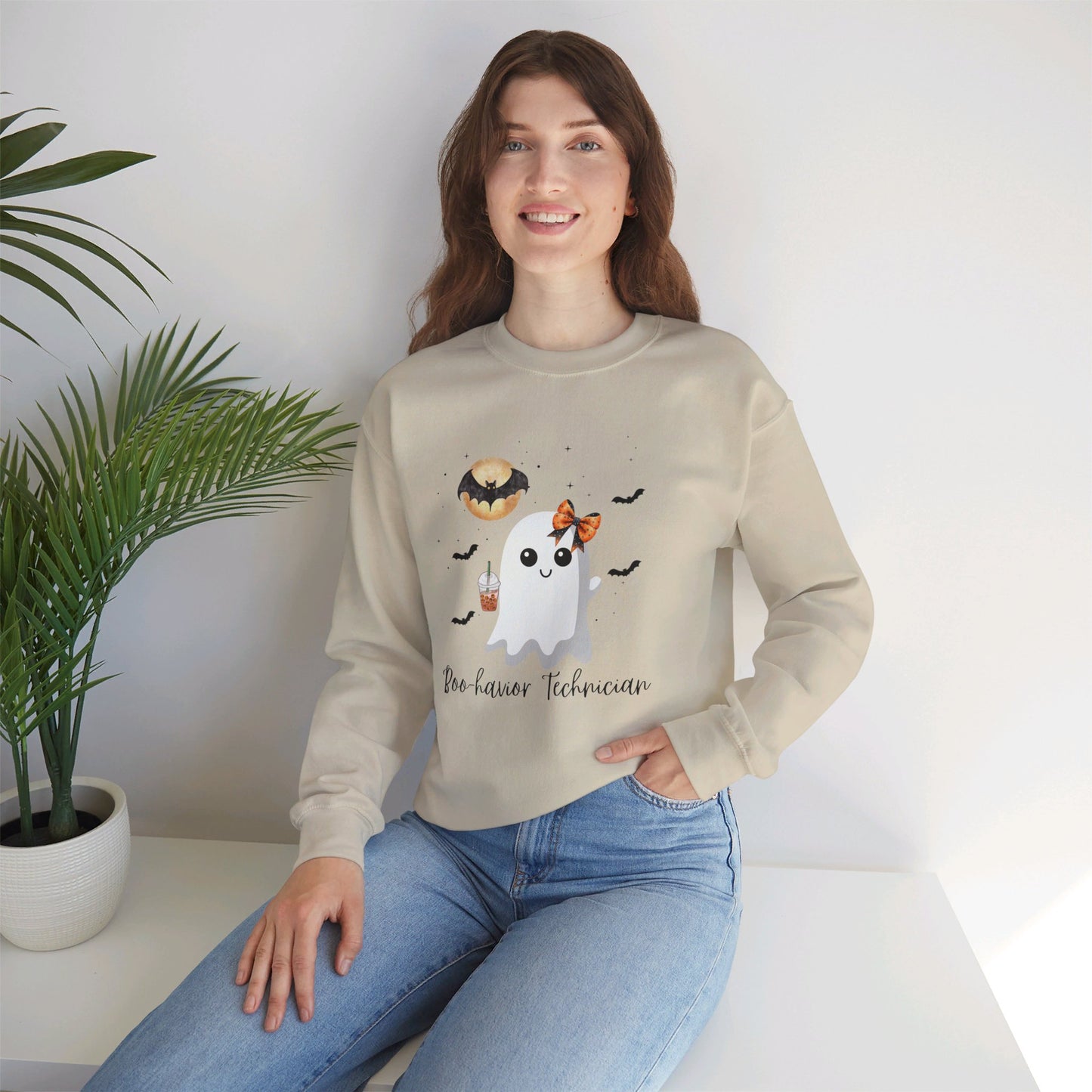 Halloween Behavior Technician Sweater-Cute Ghost Design "Boo-havior Technician" Sweatshirt Printify