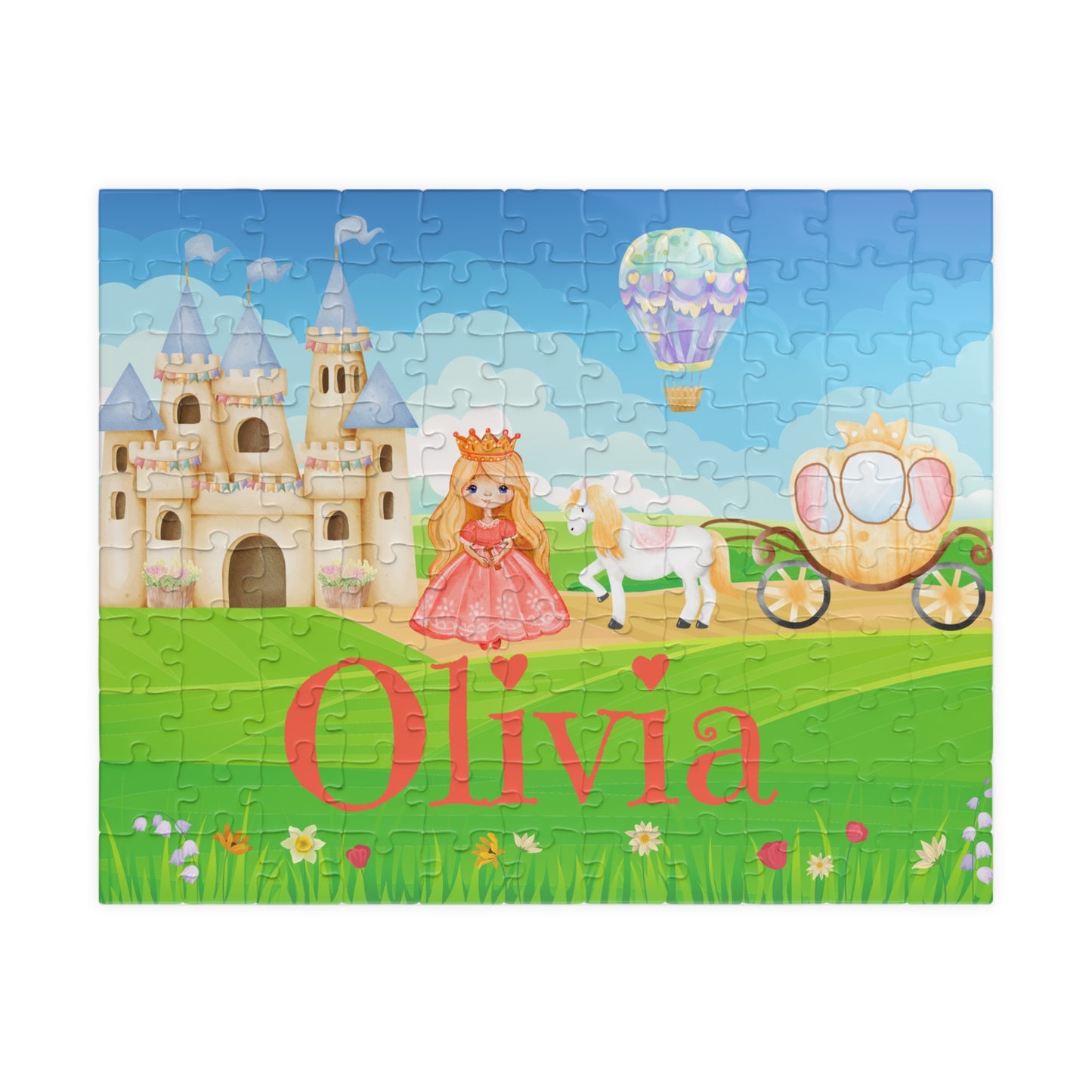 Completed personalized princess puzzle featuring a fairytale castle, princess character, horse, royal carriage, hot air balloon, bright sky, and a customizable child’s name across the grass.