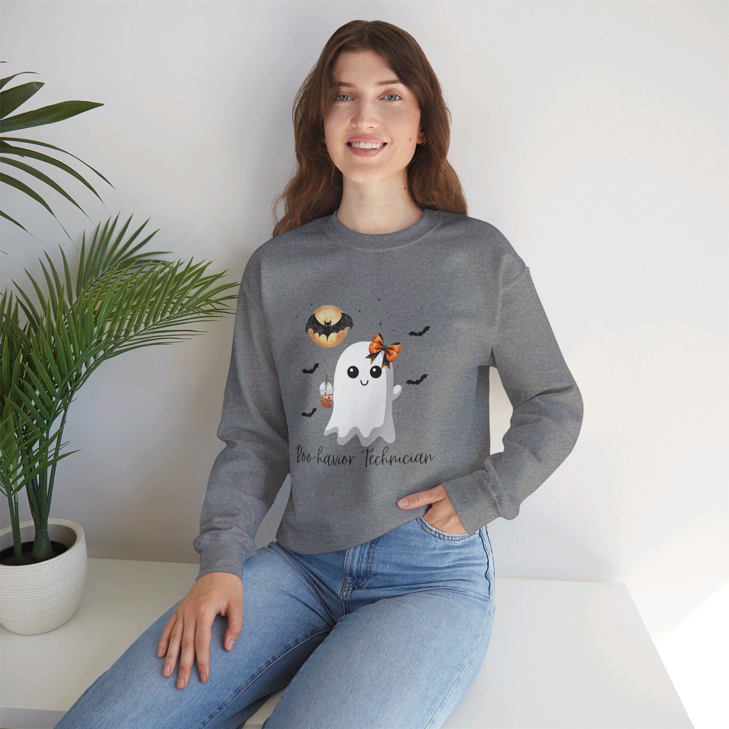 Halloween Behavior Technician Sweater-Cute Ghost Design "Boo-havior Technician" Sweatshirt Printify