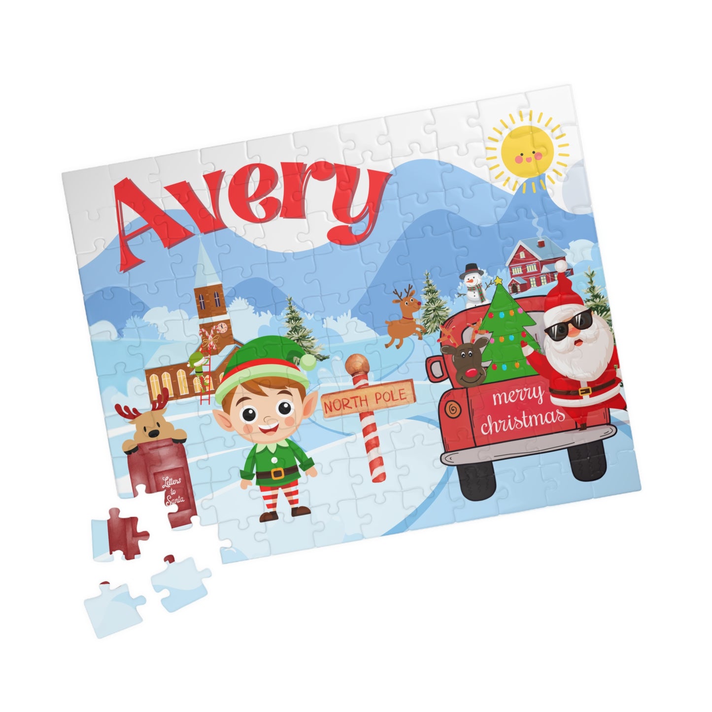 Angled view of a personalized Christmas puzzle with a custom name, Santa, elf, North Pole scene, and several loose puzzle pieces displayed beside it.