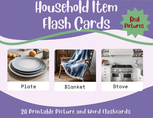 20 Household Item Flash Card Set with Pictures and Words Printable PDF Affordable ABA Materials