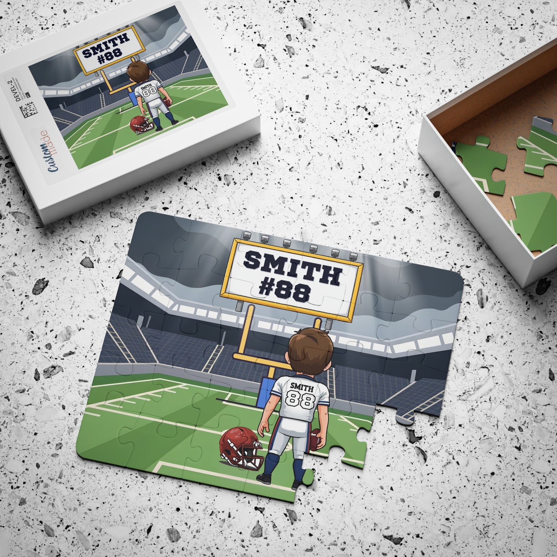 Personalized Football Player Puzzle – Custom Name, Number & Helmet Color (30-Piece) Printify