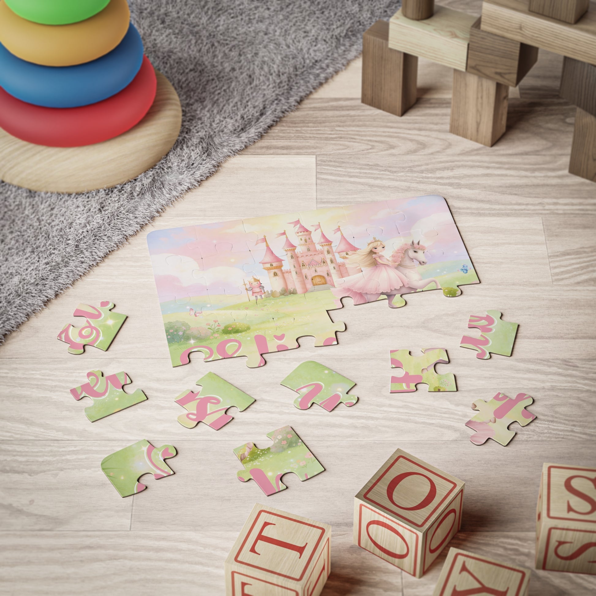 30-piece personalized princess puzzle showing a pastel fairytale scene with a princess riding a horse, pink castle, soft clouds, floral meadow, and a customizable child’s name across the bottom.