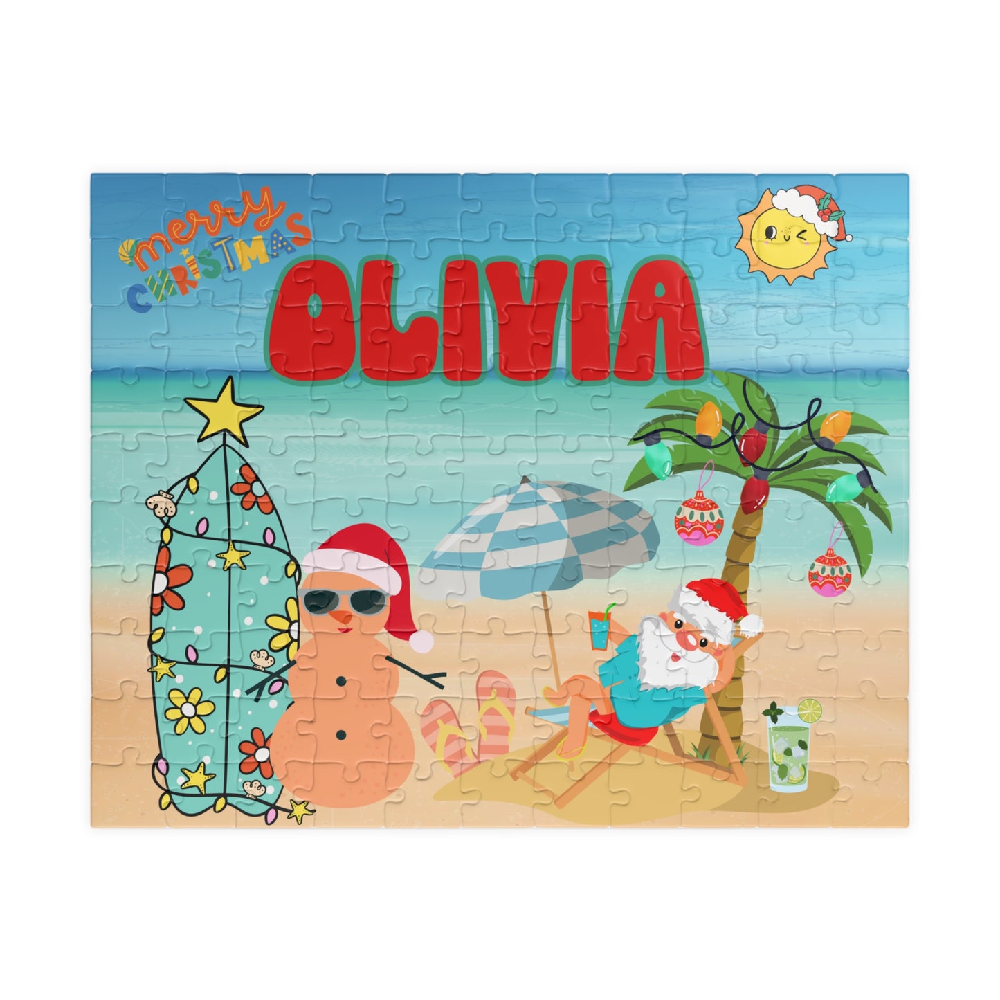 A completed jigsaw puzzle featuring a colorful beach scene with Santa Claus, a decorated Christmas tree, an umbrella, and the name OLIVIA in large red letters, shown on a white background.