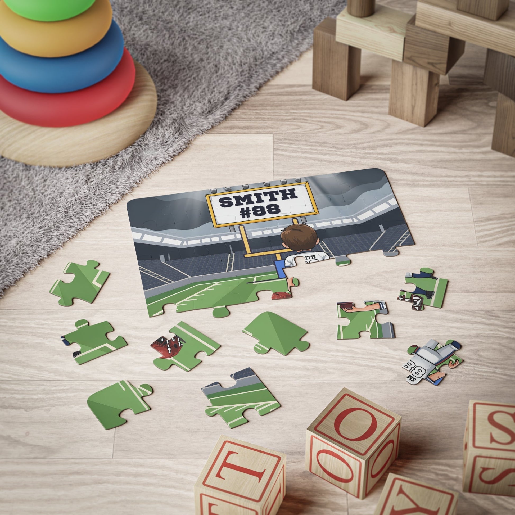 Personalized Football Player Puzzle – Custom Name, Number & Helmet Color (30-Piece) Printify