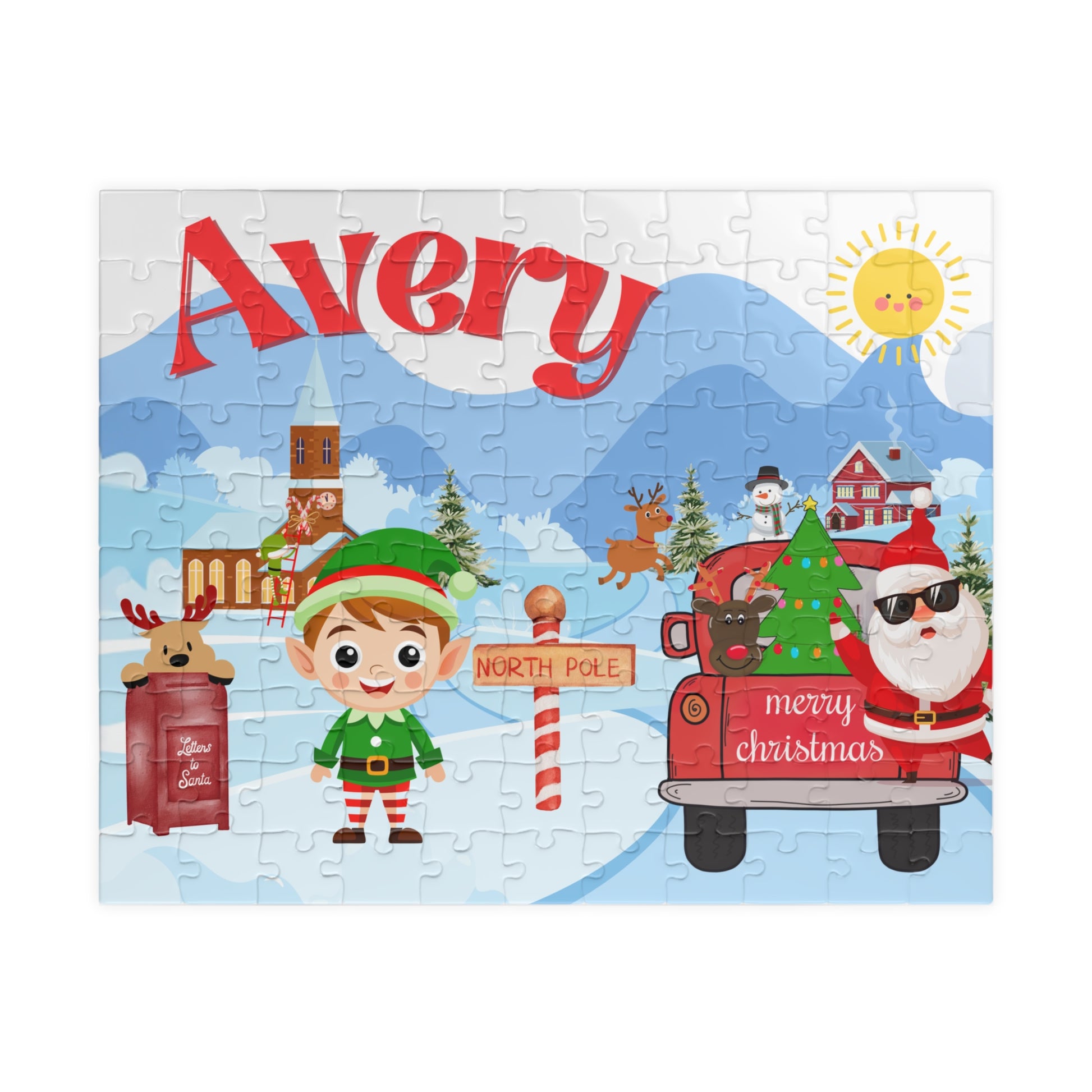Personalized 110-piece Christmas puzzle featuring a custom name, cheerful elf, Santa in a festive truck, reindeer, North Pole sign, and snowy holiday village.