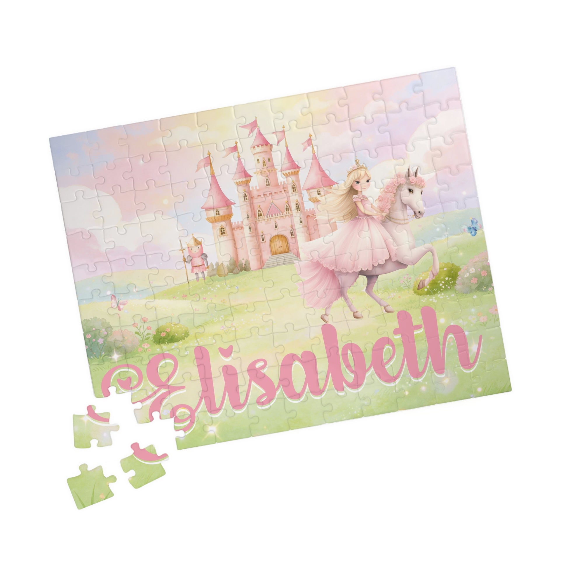 110-piece personalized princess puzzle showing a pastel fairytale scene with a princess riding a horse, pink castle, soft clouds, floral meadow, and a customizable child’s name across the bottom.