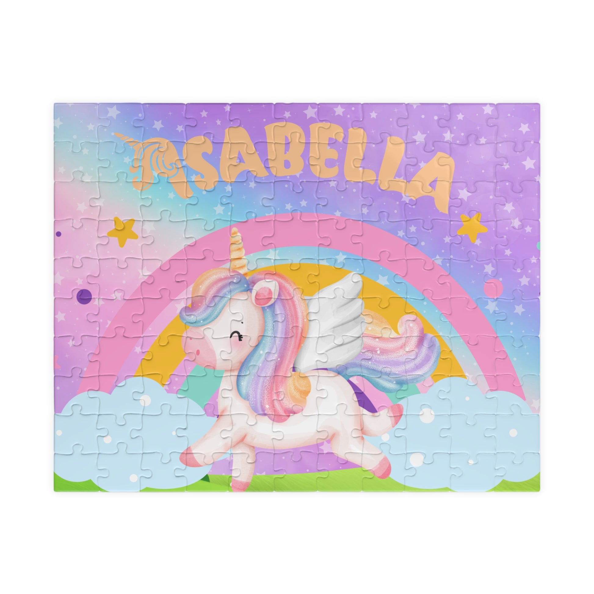 Personalized unicorn puzzle with a customizable child’s name displayed across a rainbow sky