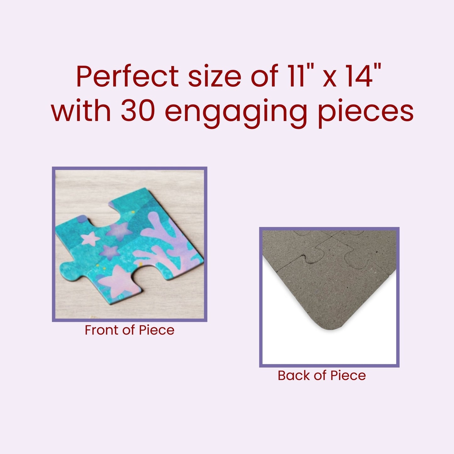 Close-up graphic showing the front and back of a jigsaw puzzle piece, highlighting printed artwork on the front and plain chipboard backing, with text indicating puzzle size and piece count.

