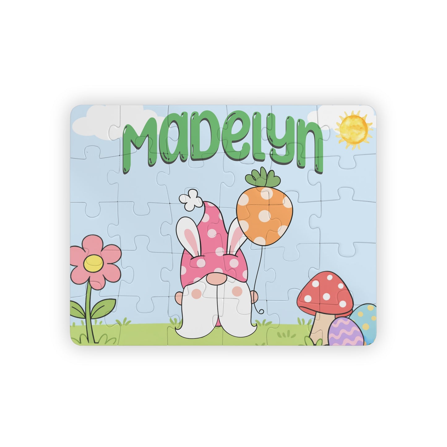 Personalized Easter Gnome Name Puzzle – Custom 30-Piece Spring Jigsaw for Kids