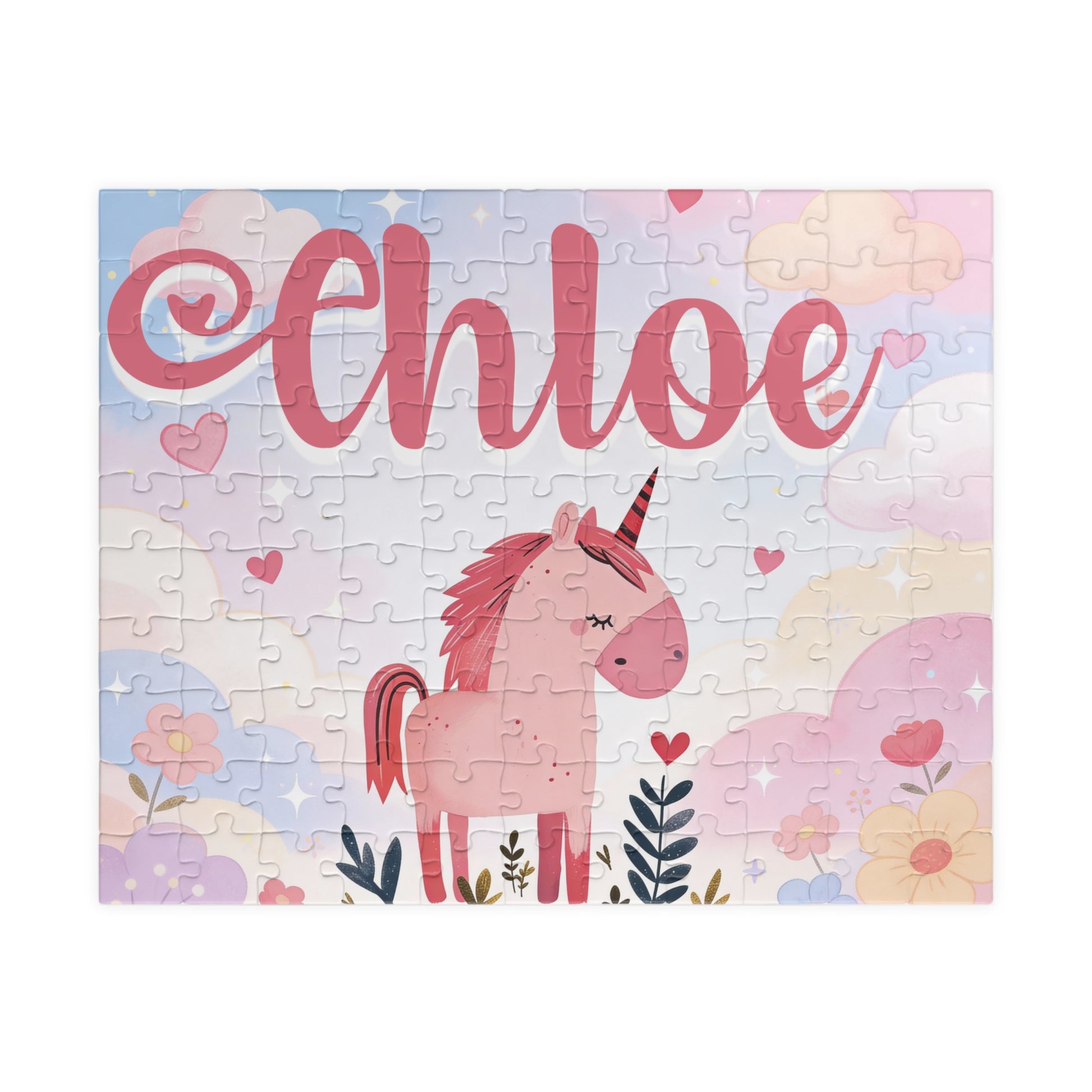 110-piece personalized unicorn puzzle featuring a sweet pink unicorn and customizable child’s name