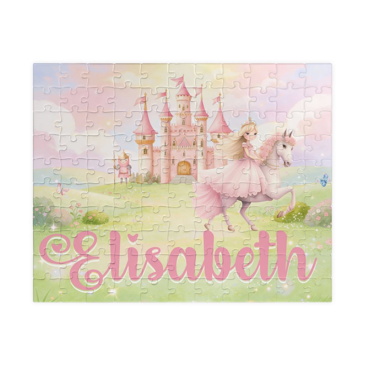 Completed personalized princess puzzle featuring a soft pastel fairytale scene with a princess on horseback, pink castle, flowers, sky, and a customizable child’s name displayed across the bottom.