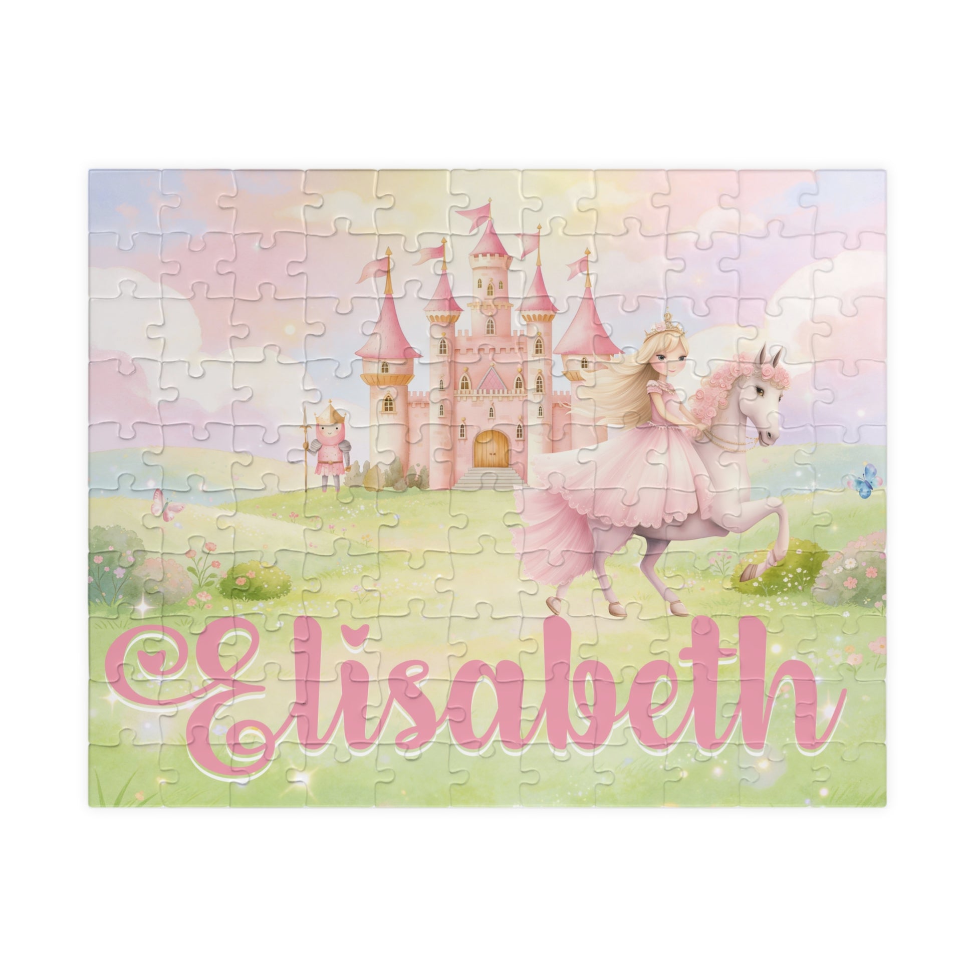 Completed personalized princess puzzle featuring a soft pastel fairytale scene with a princess on horseback, pink castle, flowers, sky, and a customizable child’s name displayed across the bottom.
