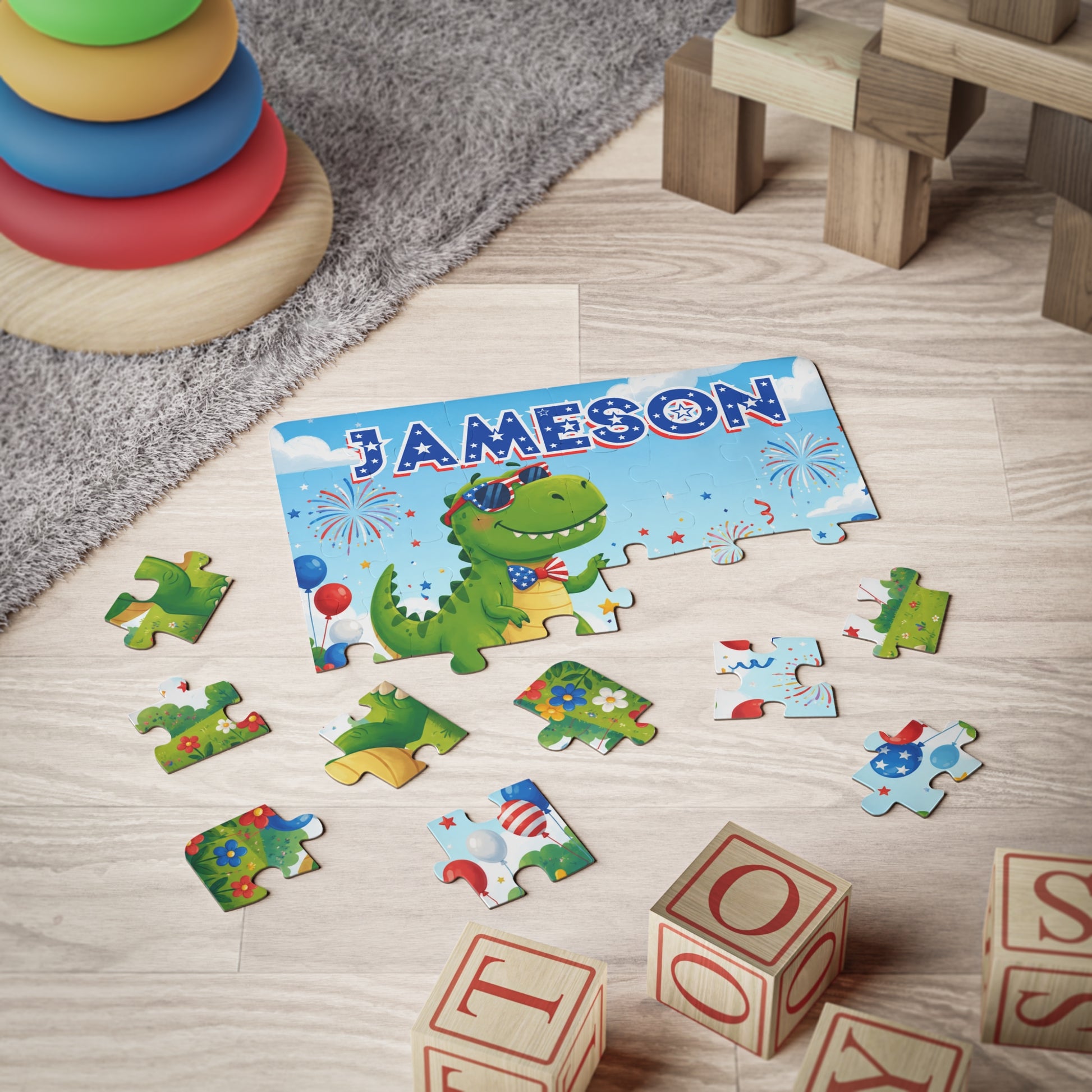 Close-up puzzle piece from personalized patriotic dinosaur puzzle showing festive red, white, and blue balloons and colorful Independence Day details.