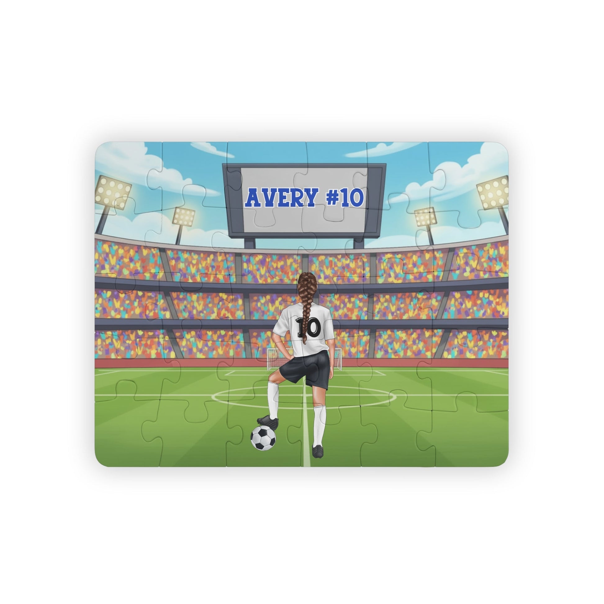 Personalized Girls’ Soccer Puzzle – Custom Name, Number & Player Style (30-Piece Puzzle) Printify