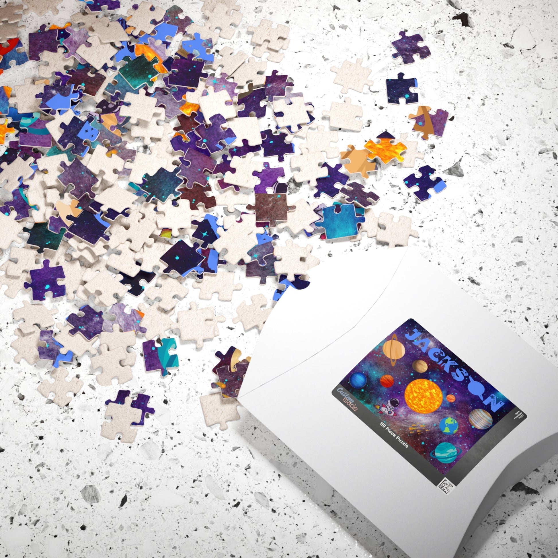 110-Piece Personalized Space Puzzle – Custom Name Rocket & Planets Jigsaw Printify