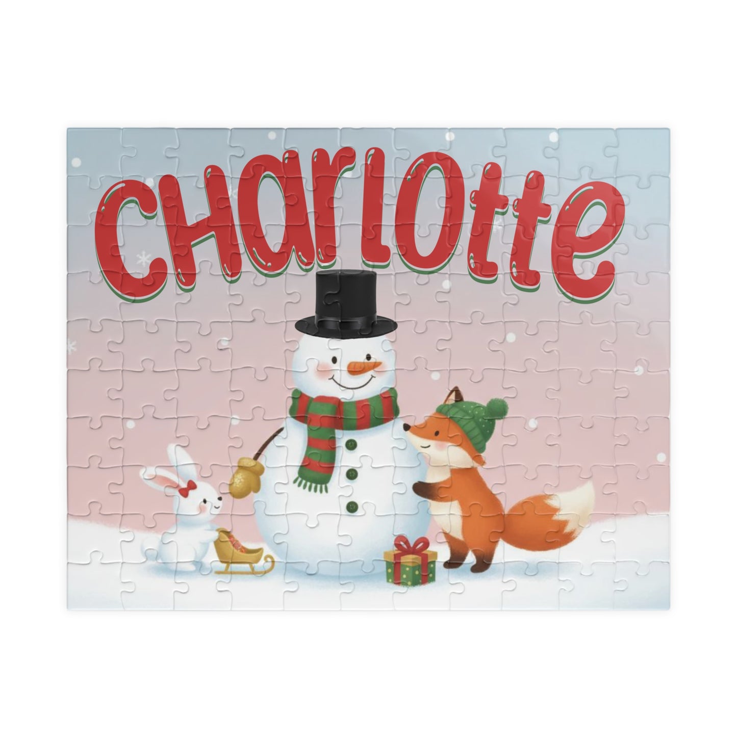 Personalized 110-piece Christmas puzzle featuring a custom name with a smiling snowman, fox, and bunny in a snowy winter scene.