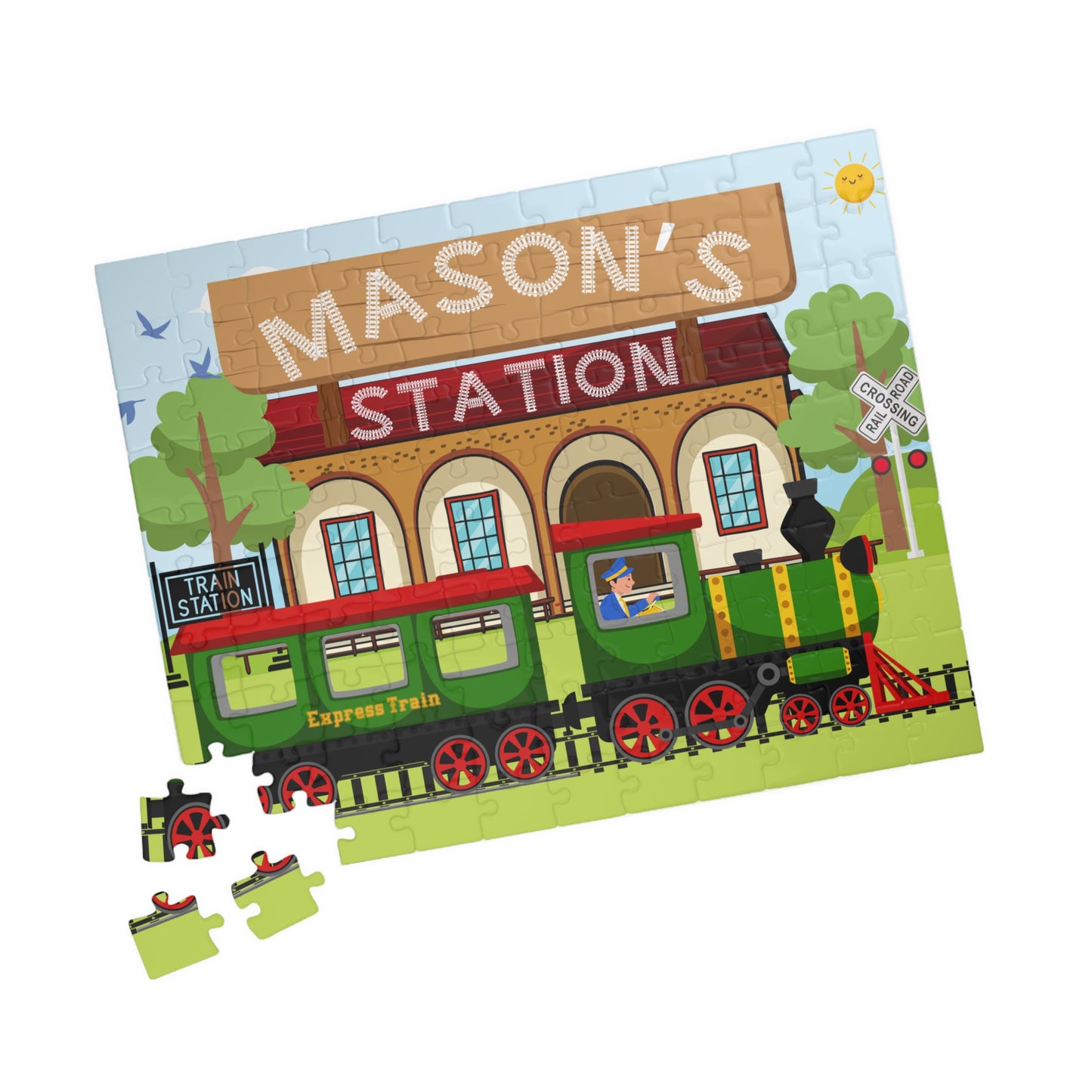 Close-up of 110 piece personalized train jigsaw puzzle pieces showing colorful train and station artwork