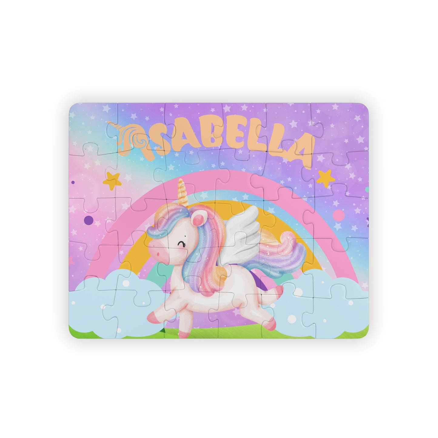 Personalized Unicorn 30-Piece Puzzle – Custom Name Jigsaw with Sparkly Rainbow Background Printify