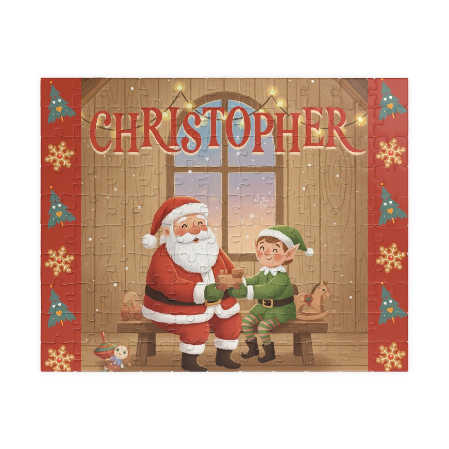 Personalized 110-piece Christmas puzzle featuring a custom name with Santa and an elf sharing a special moment in a cozy holiday workshop.