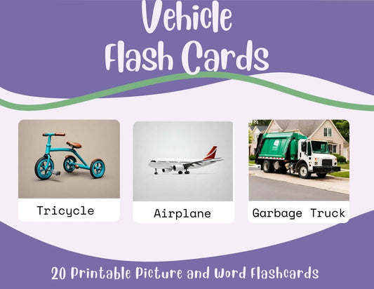 Vehicle Flashcards-20 Printable Picture and Word Flash Card Set Affordable ABA Materials