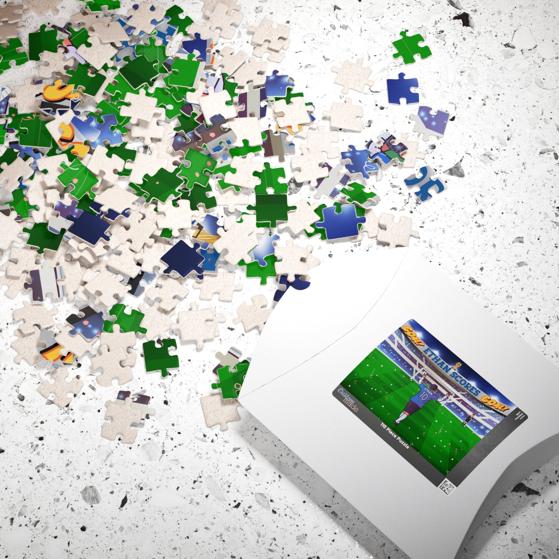 Personalized Kids Soccer Puzzle – 110-Piece Custom Name Jigsaw with Stadium Scene Printify