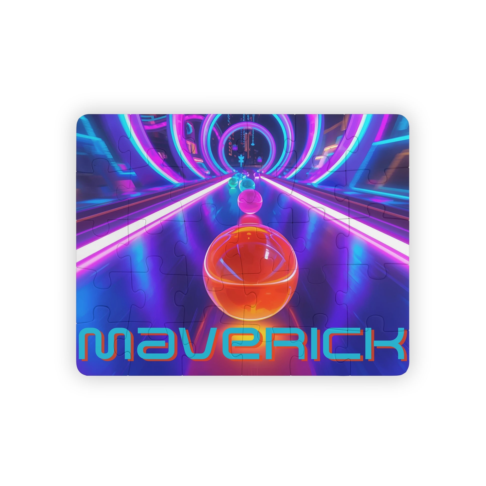 Personalized neon marble race 30-piece jigsaw puzzle featuring vibrant neon tunnels and racing marbles. The custom name is printed across the bottom of the puzzle. Designed with large pieces for children.