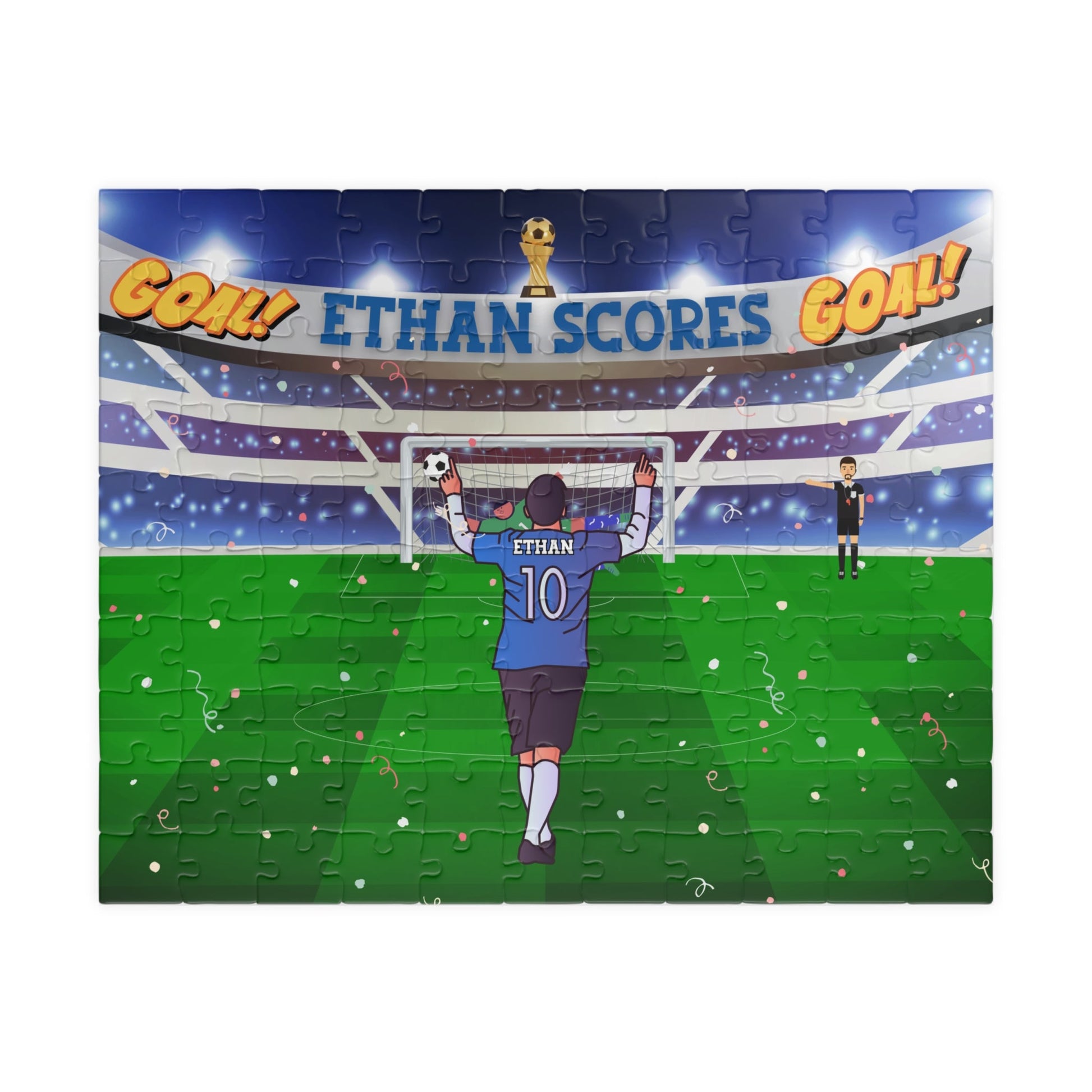 Personalized Kids Soccer Puzzle – 110-Piece Custom Name Jigsaw with Stadium Scene Printify