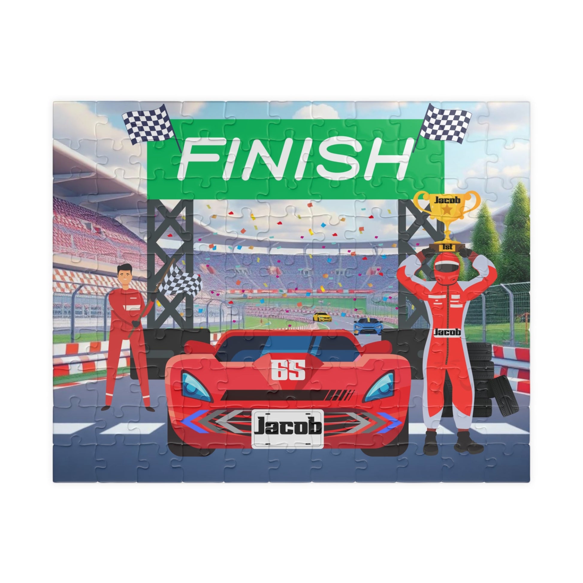 110-Piece Personalized Racecar Speedway Puzzle – Custom Name Kids Jigsaw Printify