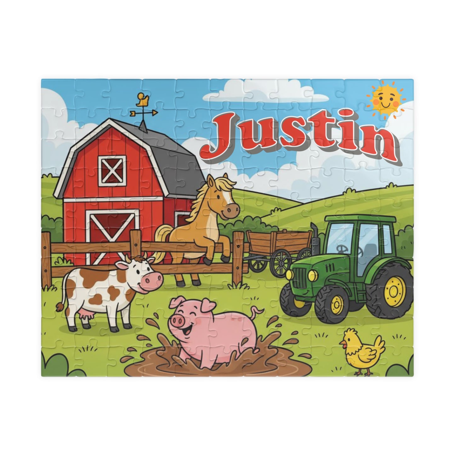 Completed personalized farm animals puzzle featuring a red barn, green tractor, pig in mud, cow, horse, chicken, sunny sky, and a customizable child name displayed across the top.