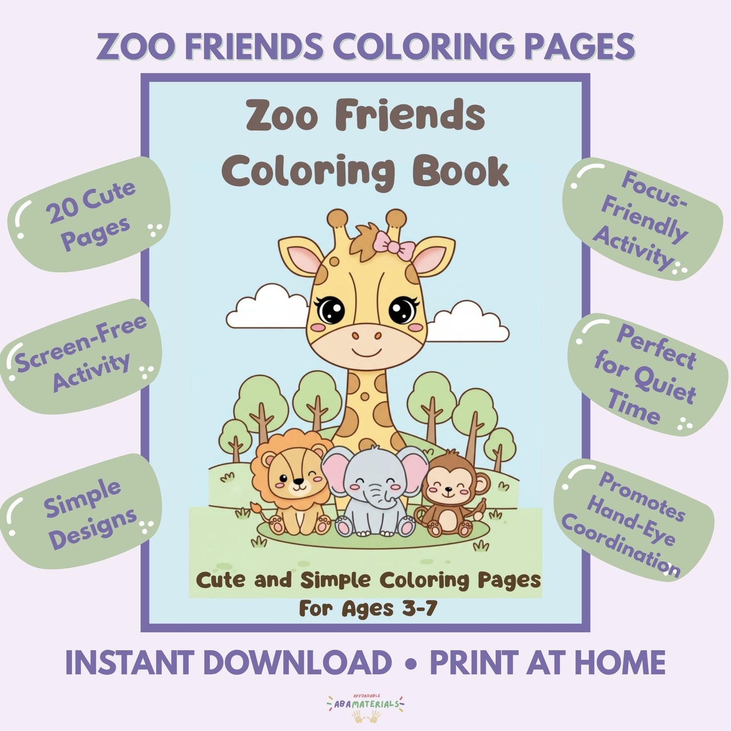 Zoo Friends Kawaii Style Coloring Book Printable (20 Pages) Affordable ABA Materials