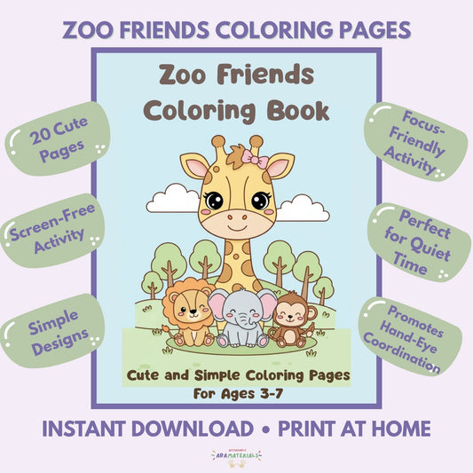 Zoo Friends Kawaii Style Coloring Book Printable (20 Pages) Affordable ABA Materials