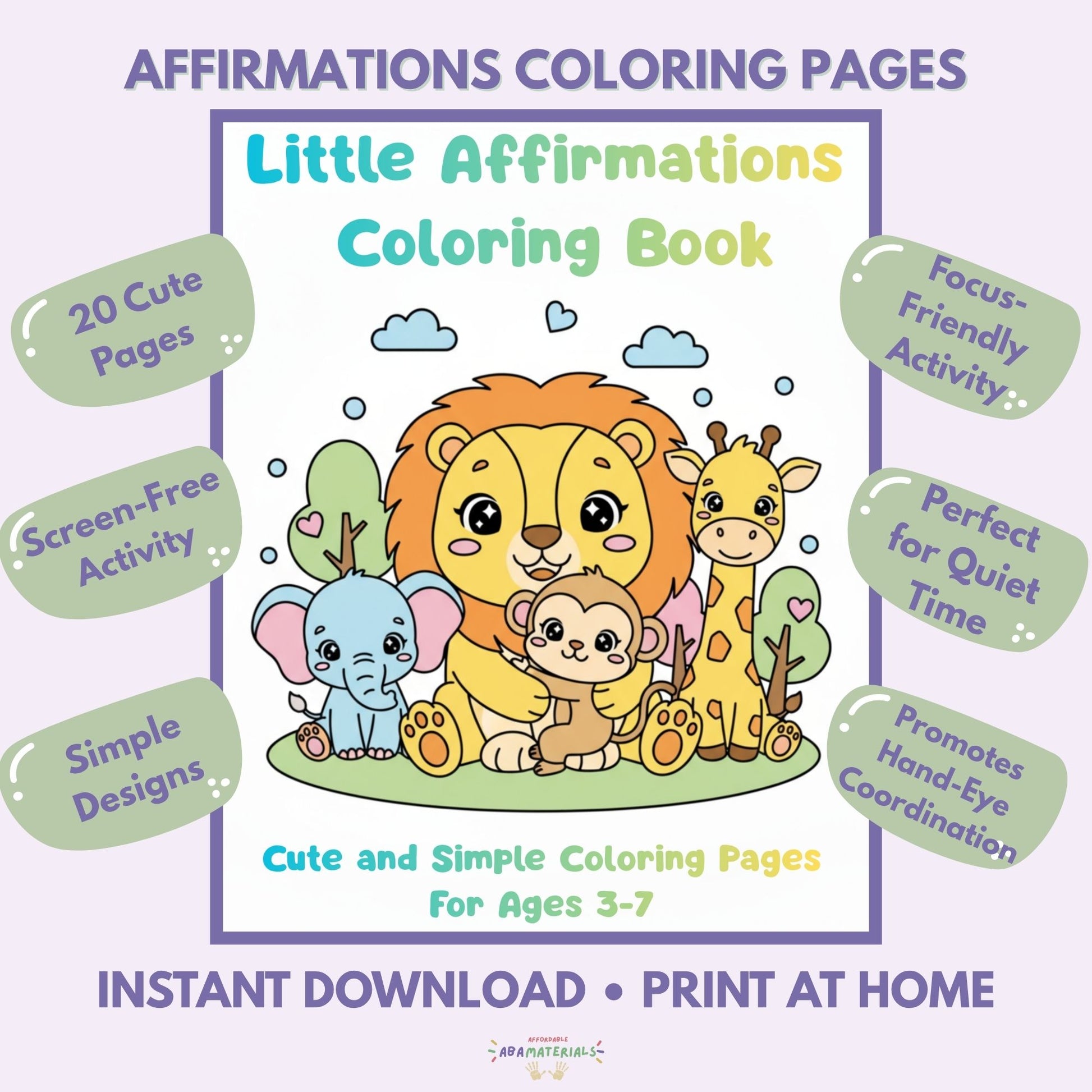 A set of printable Little Affirmations coloring pages for kids featuring cute kawaii-style illustrations of animals and positive messages. Includes simple line art designed for ages 3–7, great for classroom SEL activities, therapy sessions, calm-down corners, and confidence-building coloring fun.